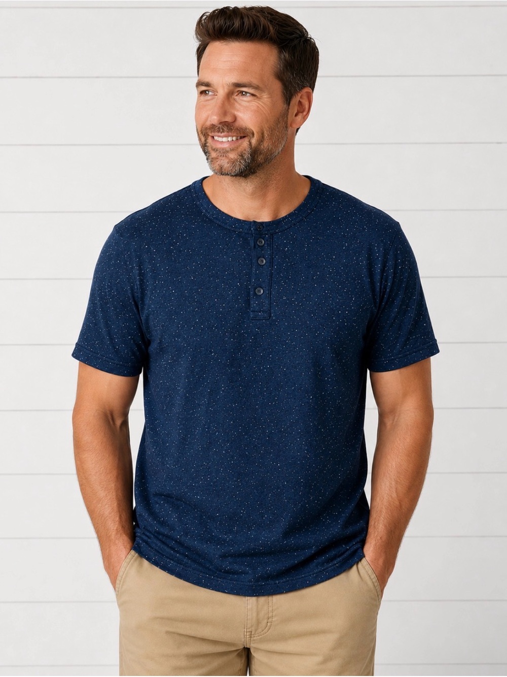 Old Navy Soft-Washed Speckled Henley T-Shirt Men’s L Navy Blue Short Sleeve NWT